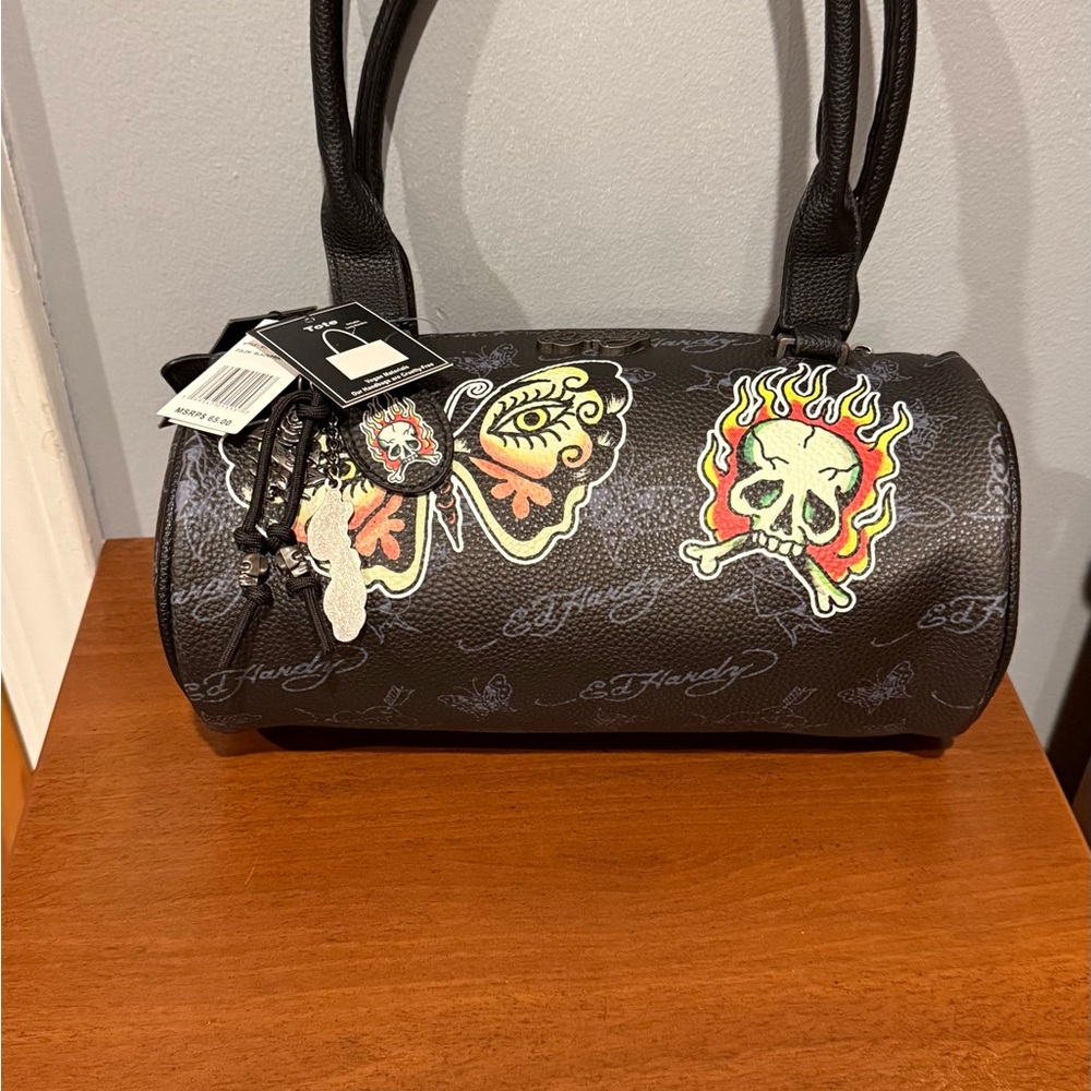 Ed Hardy Black Multicolor Graphic Barrel Shoulder Bag NWT - Picture 4 of 10